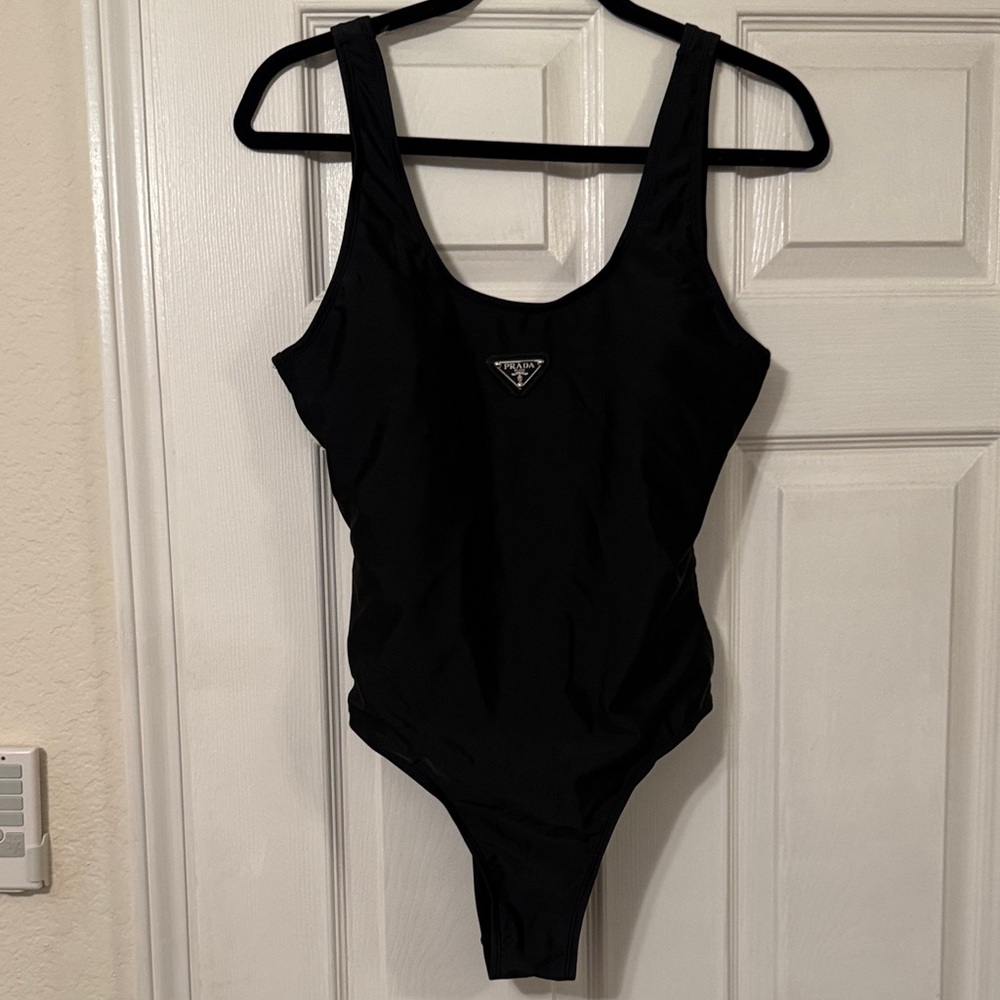 Black Scoop-Neck One-Piece Swimsuit with Logo Plaque
